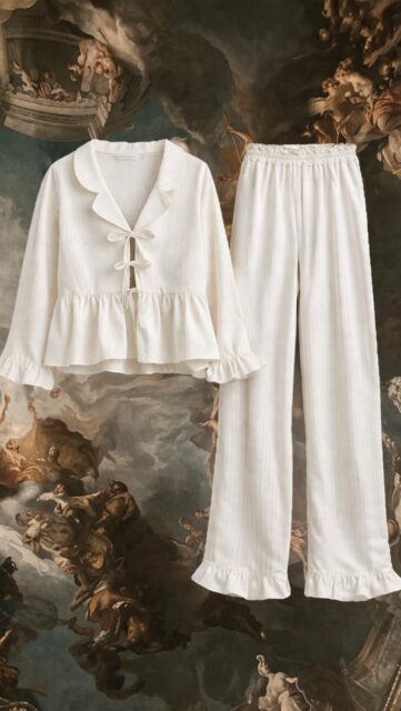 SOPHIA
⸻
Detalii
– Set din două piese
– Bumbac ușor, cu textură în dungi
– Talie elastică cu finisaj delicat cu volan
– Volane la mâneci și la baza pantalonilor
– Culoari: Ivory, roz, albastru, maro